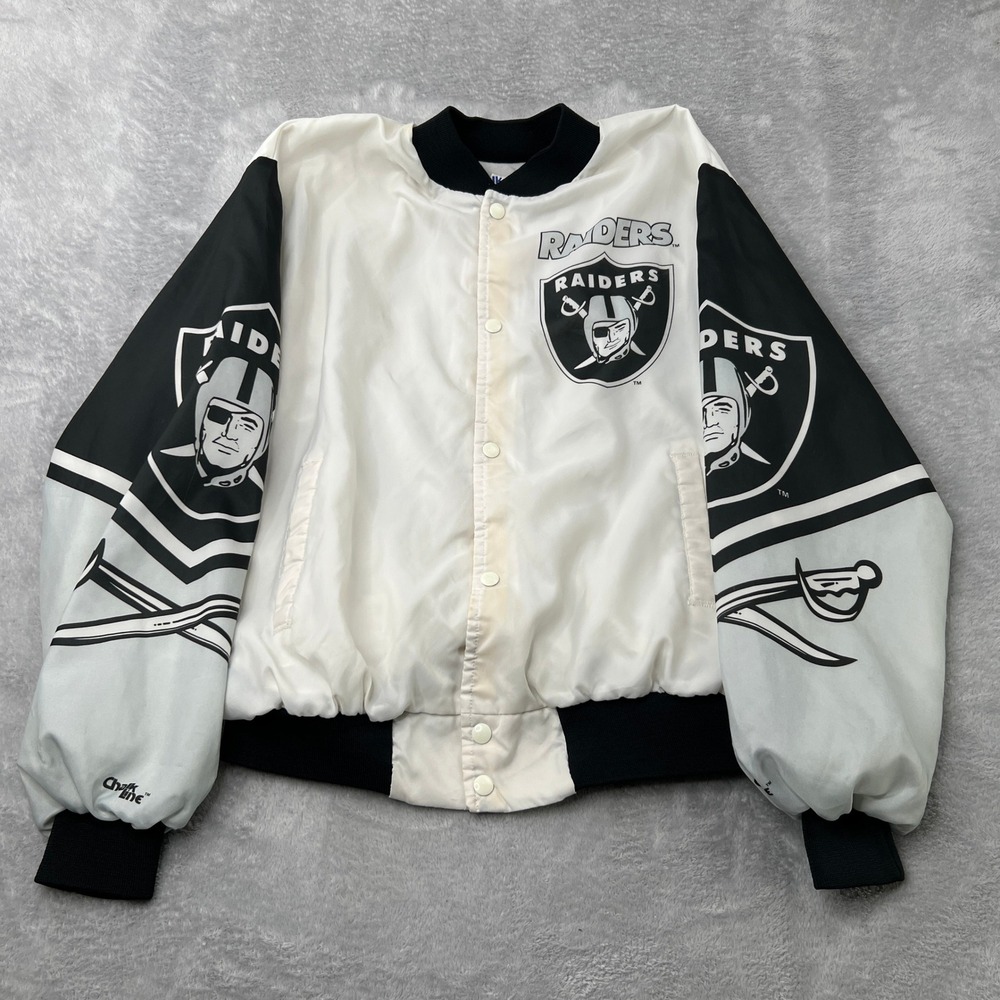 Chalk Line Raiders Satin Bomber Jacket Size XL White Mens Vintage 90s NFL AOP
